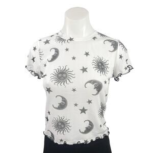 Rock Rose Couture White Black Metal Sun Moon Star Crew Neck T Shirt Top Size S